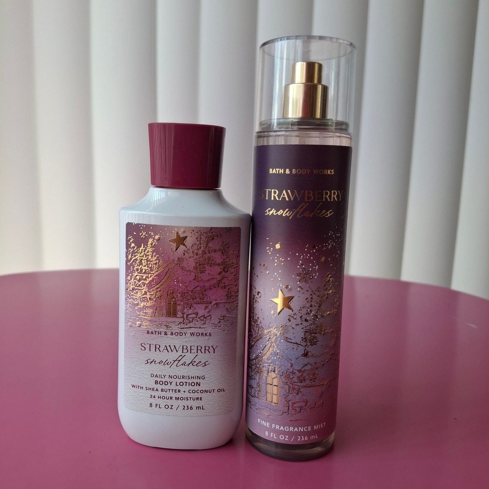 Bath & Body Works STRAWBERRY SNOWFLAKES Body Lotion & Fragrance Mist Set of 2